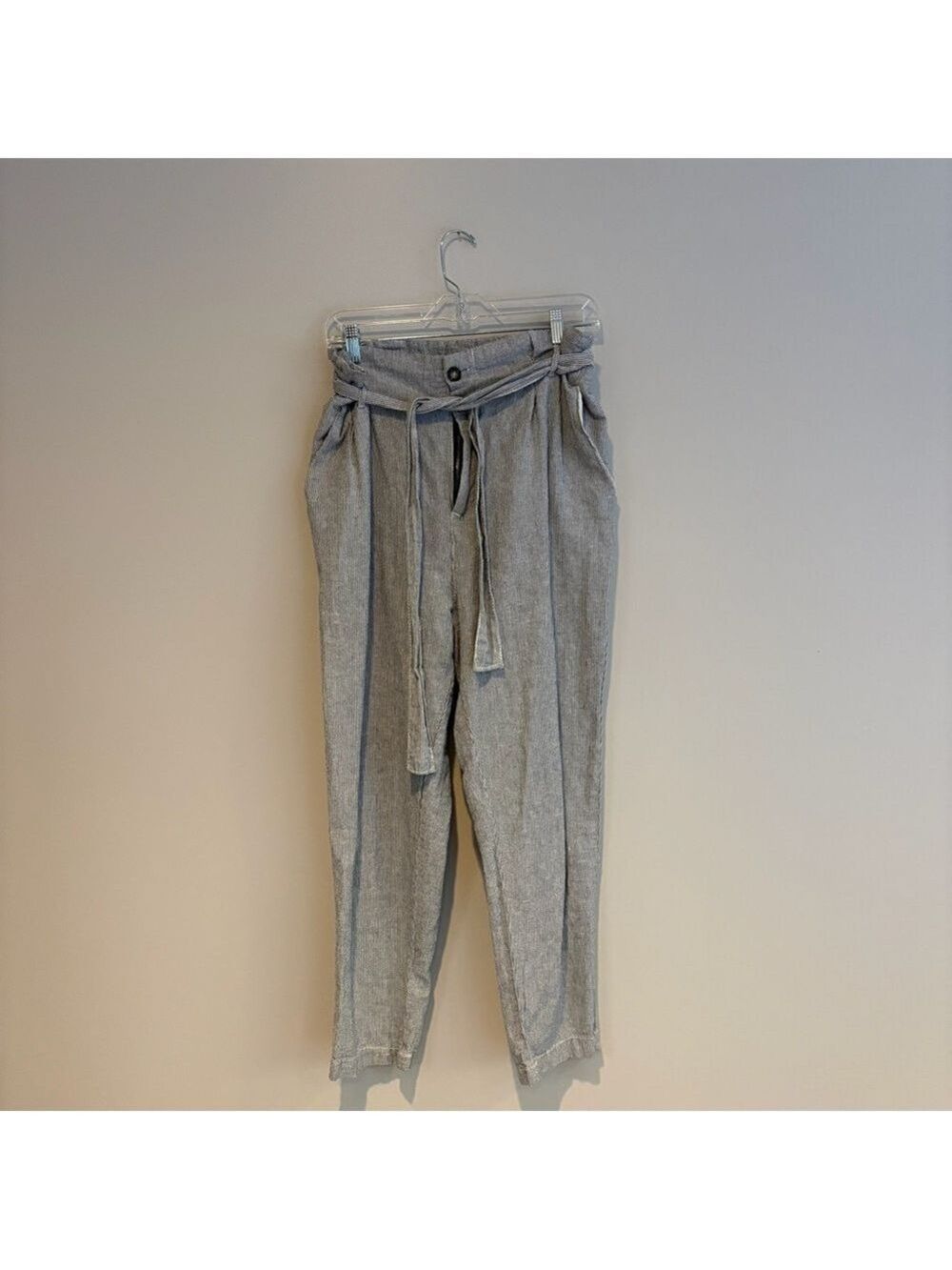 Cali1850 Size M Gray Paperbag Waist Linen Pants Self Tie Belt